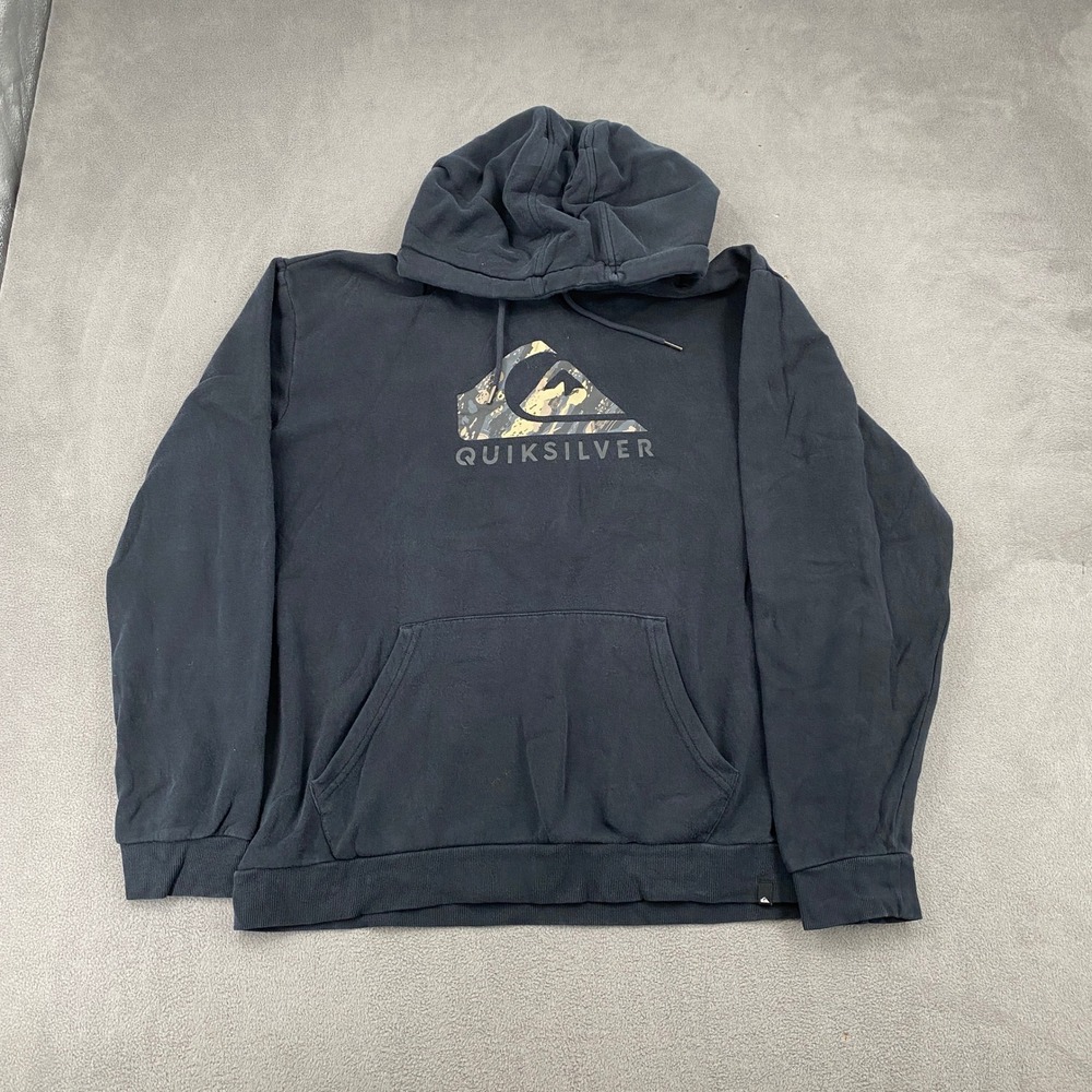 Quiksilver Mens XL Black Camo Logo Pullover Hoodie Y2K Surf Skate Sweatshirt